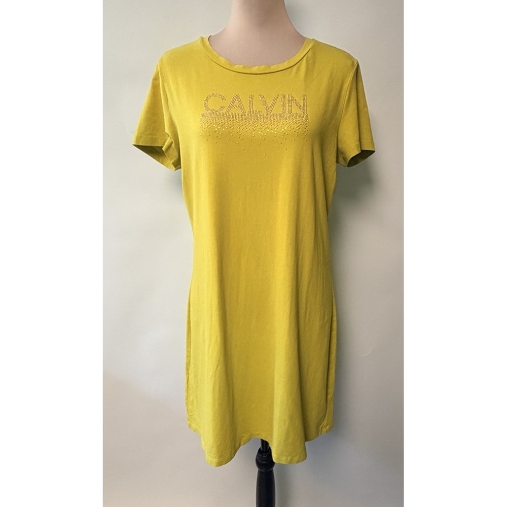 Calvin Klein Women's T- Shirt‎ Dress Lime Green Bling Logo Y2K Style Large Retro